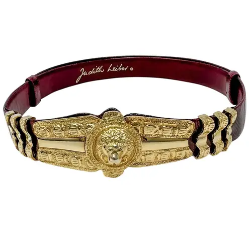 Judith Leiber vintage Lion's Head belt burgundy red leather & gold adjustable OS