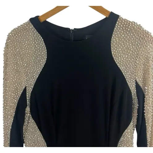 XScape Black Beaded Illusion Long Sleeve Bodycon Dress Size 14 Fancy Party