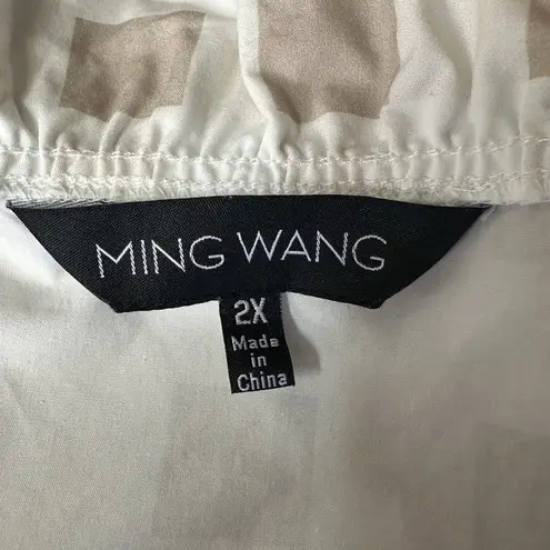 Ming Wang Top Womens 2XL Tan Blue Check Gingham Poplin 100% Cotton Tunic Ruffle