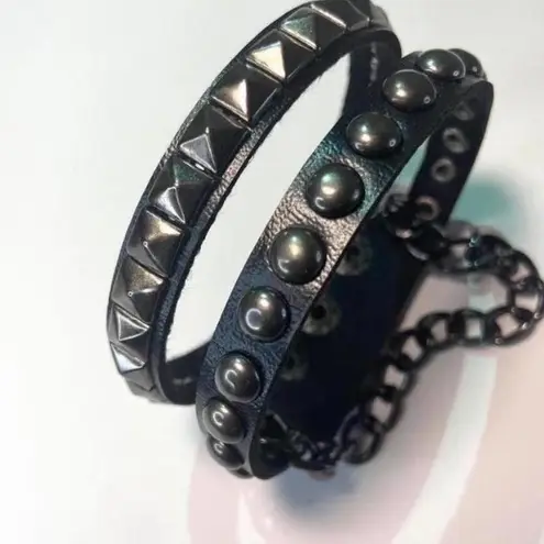 2 PCs faux leather chain spike studded Bracelets — Black