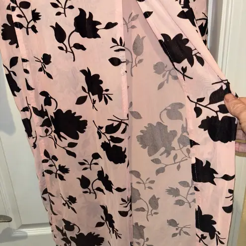 CBR SHEER DRESS MED. PINK W BLACK FLORAL MIDI THIGH HIGH SLITS HIGHCOLLAR NECK