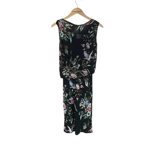 Fuzzi Bouquet Floral Hummingbird Print Sleeveless Tulle Jersey Sheath Dress Black Size M