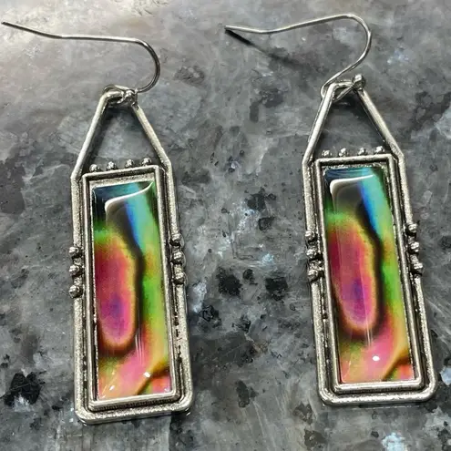 Colorful rectangular rainbow swirl enamel earrings / NWOT Red