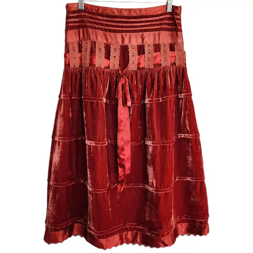 American Vintage Vintage AZ Well Red Velvet Tiered High Waisted Midi Skirt S