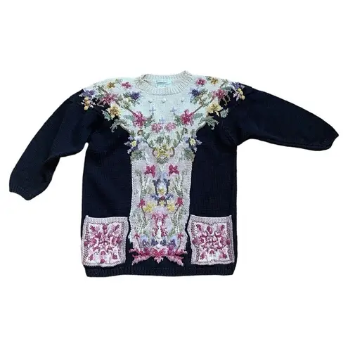 Vintage Jennifer Reed Floral Sweater Hand Knit Sz M black cream