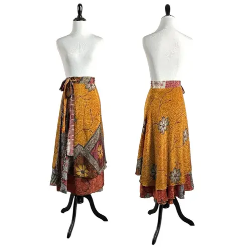 Vintage 90s Silk True Wrap Midi Skirt Size Large Bohemian Hippie 70s India Gypsy Brown