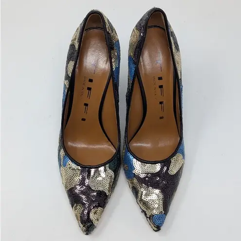 TIFFI Sequin Pointed Toe Block Heels Black Gold Blue Size 37
