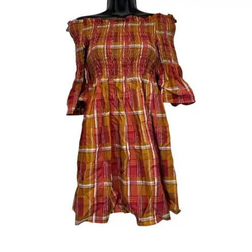 ZARA  Orange‎ & Red Plaid Off the Shoulder Smoked Dress Size XS