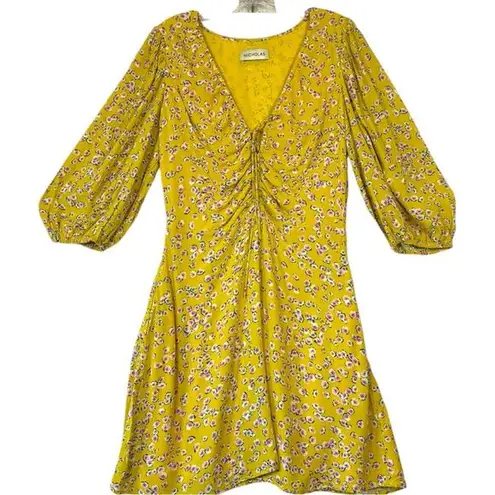 Nicholas Yellow Floral Print Ruched Tie Front Midi Dress Puff Sleeve sz 8 Boho