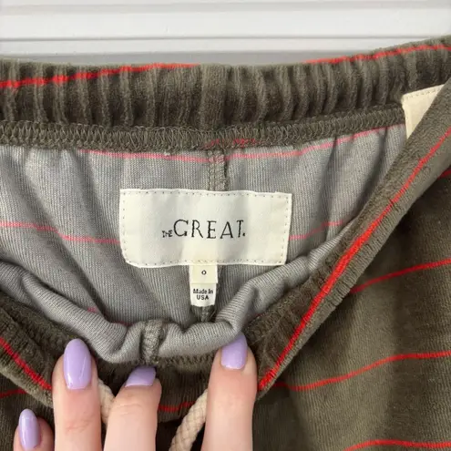 NEW THE GREAT. Velour Joggers Army Pin Stripe Green Size XS