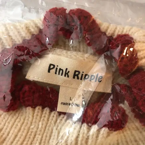 Pink Ripple Retro Sweater Embroidered Floral Ruffle 3/4 Sleeve Ivory L Size L