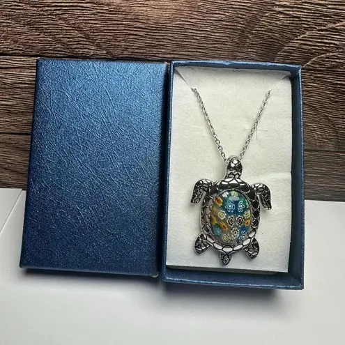 Turtle Pendant Multi Color Glass Chain Necklace Silver Tone NWT Stainless Steel