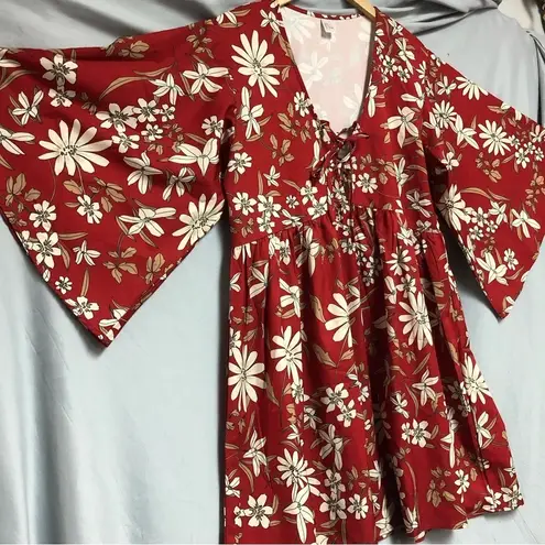 None No brand small Boho, wide sleeve, baby doll type, red orange cream flowers