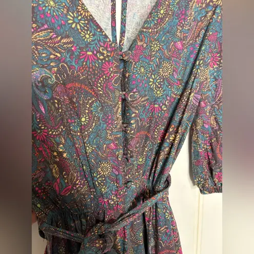 Evereve Floral Ember Jumpsuit Size XS Puff Sleeve Belt Cropped Purple Teal
