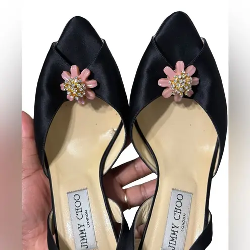 Jimmy Choo Crystal Embellished Open Toe sling Back Satin Shoes BLK EU40 …