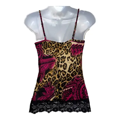 Cache  Vintage Y2K Silk Leopard Paisley Lace Trim Cami Tank Top Size Small