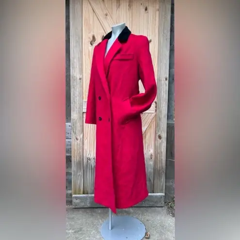 Vintage Alorna Long Red Wool Black Velvet Collar Double Breasted Maxi Coat~M~