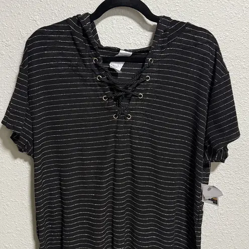 TIME AND TRU NWT Women's Large Black Striped Hooded Tunic Dress Lace Up cover up