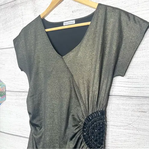 Metallic Bronze & Black Asymmetrical Top w/ Ruching & Beaded Accent Size Large