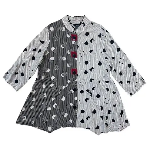 Ali Miles Womens M Tunic Blouse Top Geometric Lagenlook Black Size M