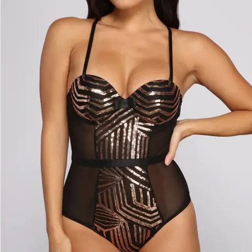 Dreamy Sequin Mesh Bodysuit SECRET LACE Gold Sequin Panel Size L - Image 10