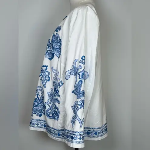 J.Jill Lightweight Embroidered Open Front Jacket 3/4 Sleeve Women’s Size Medium Blue