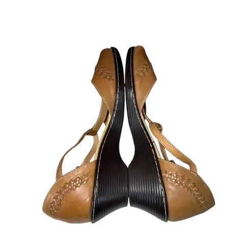 Softspots Tan Leather Peep Toe Slingback Wedge Sandals Women’s 11W Comfort Brown Size 11