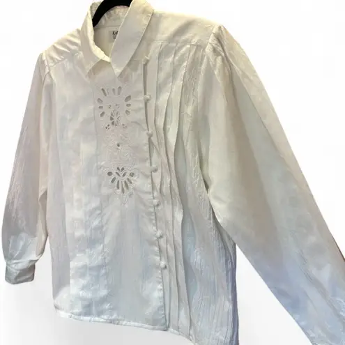 Karen Scott 90s Vintage Lace Cutout Pintuck Blouse w/Asymmetrical Buttons size 14