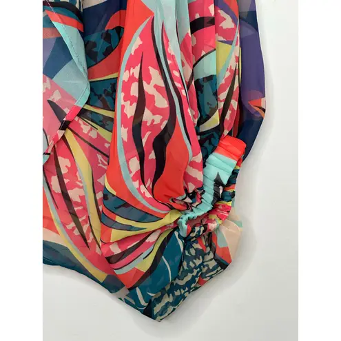 Women's tropical print sheer long batwing sleeved split top tie neck top size S Green