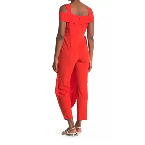 Marina Cold Shoulder Faux Sarong Waist Tie Overlay Jumpsuit Red Size 4 Red