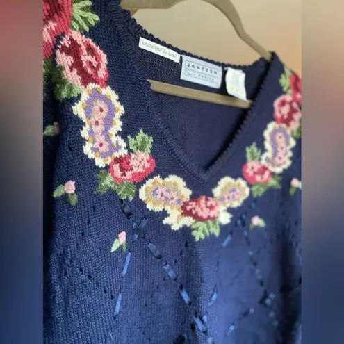 Jantzen VTG Cottagecore Hand Embroidered Sweater Floral Knit Granny Valentines