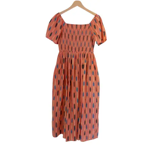 NEW Mata Traders Teddy Peach Ikat Smocked Cotton Midi Dress Size M Fair Trade Orange Size M
