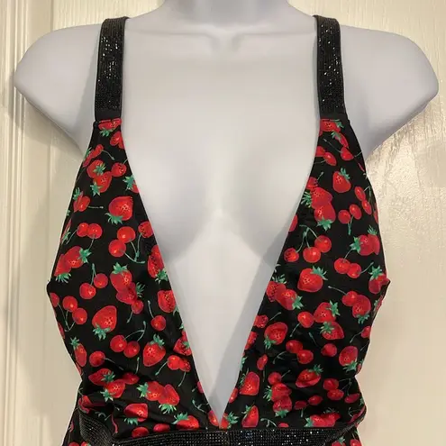 Victoria's Secret  Black Red Cherries Strawberries Monokini Low V-Neck Swimsuit