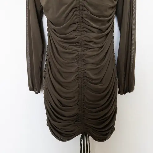 Womens Bodycon Dress Size L Green Ruched Long Sleeve Mesh Clubwear Party Y2K Size L