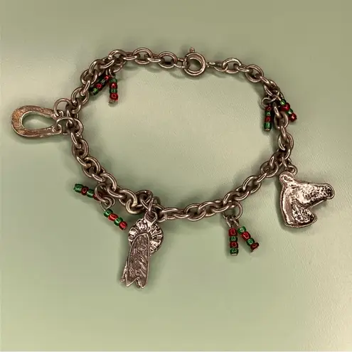 Vintage Silver Tone Horse Charm Bracelet with Red and Green Accents
