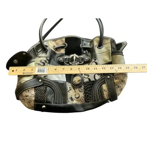 Sophia Caperelli Patchwork Satchel Top Handle Bag purse Print Black Beige Hobo