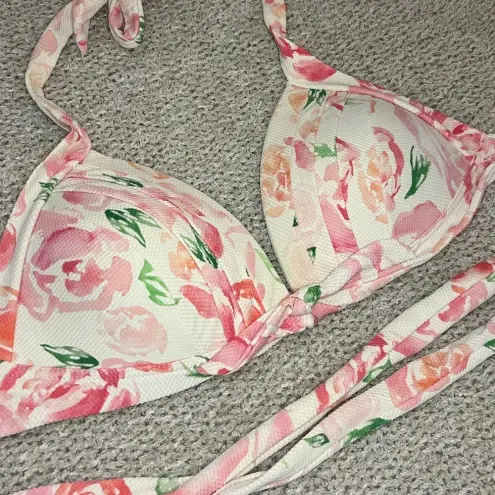 Unique Vintage  bikini swim top halter retro padded floral pink and white‎ size M