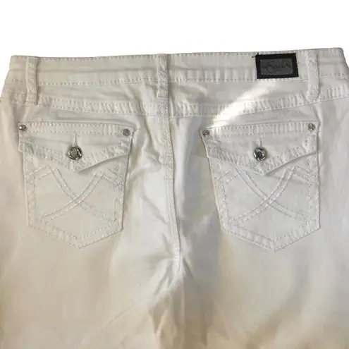 Earl Cropped White Jean Sz. 14X18 Cuff Hem Flap Pockets Stretch Rhinestones