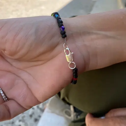 Matte Black & Rainbow Crystal Beaded Bracelet 8.25 inch