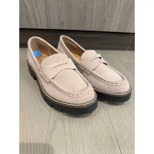 House of Harlow 1960 7.5 Gunner Light Taupe Suede Leather Chunky Penny Loafers Gray