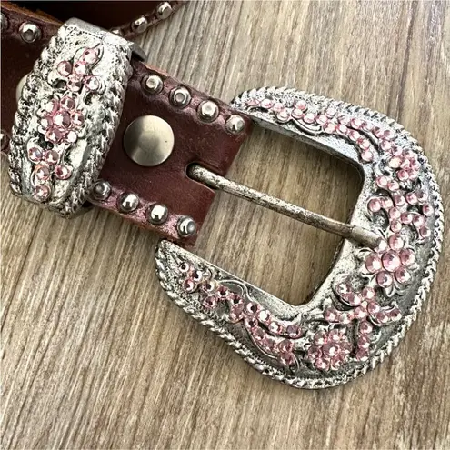 Leather Rock leather brown pink rhinestone belt