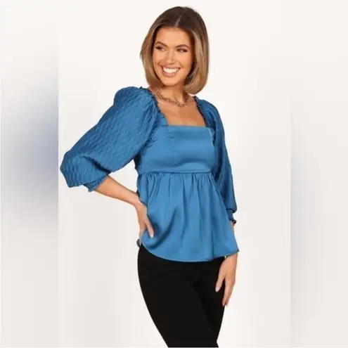 Petal and Pup Montana Blue Satin Square Neck Babydoll Top Back Tie Cut Out XS New