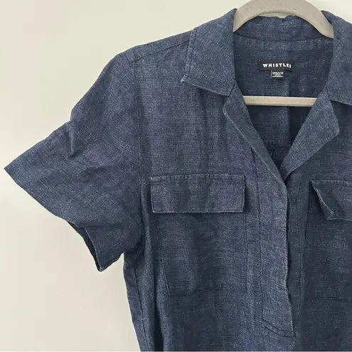 Whistles Dark Denim Easy Linen Belted Short Sleeve V Neck Shirt Dress 8 Blue