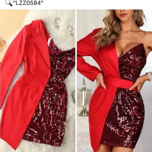 Women's Tuxedo One Shoulder Sequins Dress Size XL Red