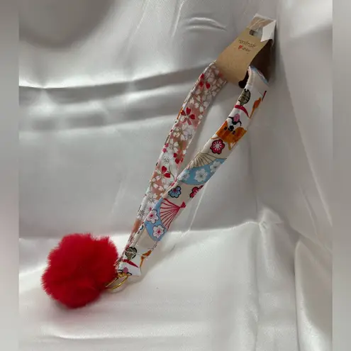 Handmade Shiba Inu and Cherry Blossom Floral Wristlet Keychain with Red Pompom - Image 5