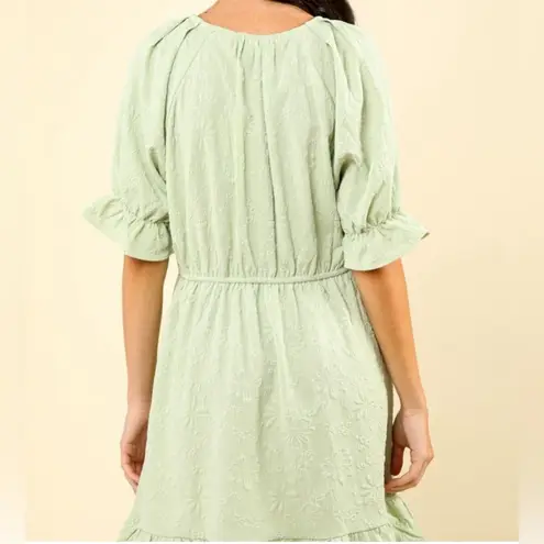 Very J Black Floral Textured Mini Dress Boho Ruffle Hem Elastic Waist Sz 1X NWT