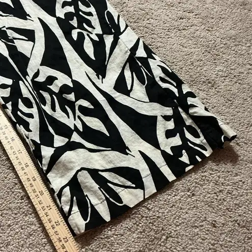 Black White Leaf Print Linen Blend Wide Leg Cropped Pants Elastic Waist