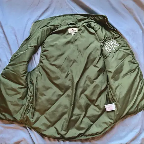 Woolrich Olive Green Down Quilted Vest w/ Added "Grow Up" Flower Patch Size S