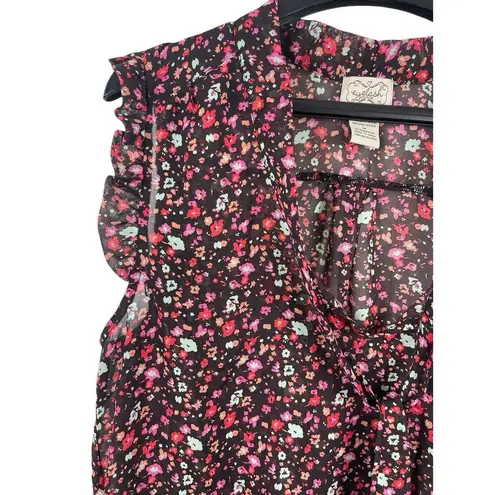 Eyelash Brown Pink Red Floral Fall Sleeveless Sheer Tie Neck Office Casual Top M Size M