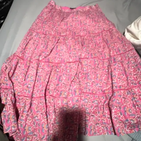 J.Crew  pink floral block print tiered full lined cotton midi skirt size XS
